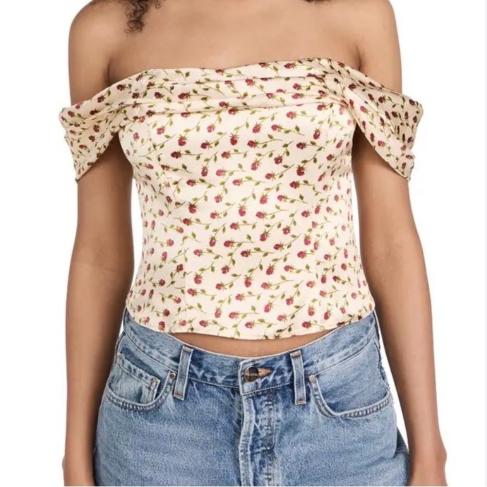 Reformation Cream Off-Shoulder Floral Crop Top